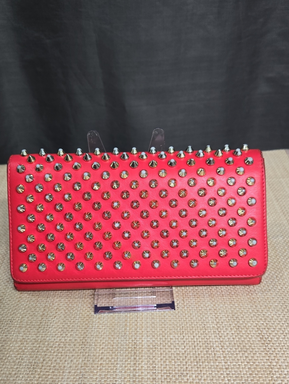 Christian Louboutin Red Leather Studded Clutch Wristlet
